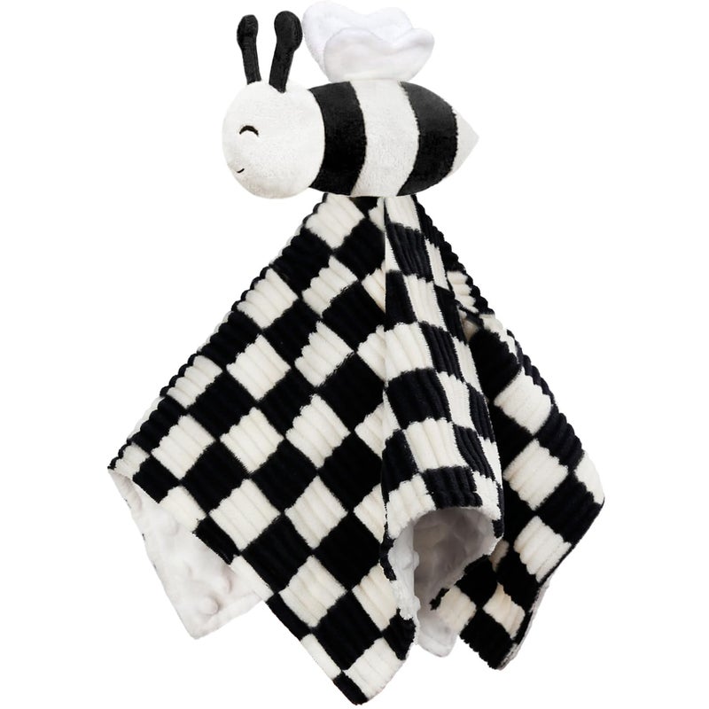 BEILIMU High Contrast Baby Security Blanket for Boys Girls 3D Soft Checkerboard Gingham with Minky Dot Fabric Backing Bee Snuggle Stuffed Animal Lovely Black 14 Inch - Image 1
